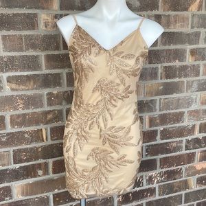 Nasty Gal Collection Champagne Gold Sequin Leaf Botanical Dress Size 6 EUC